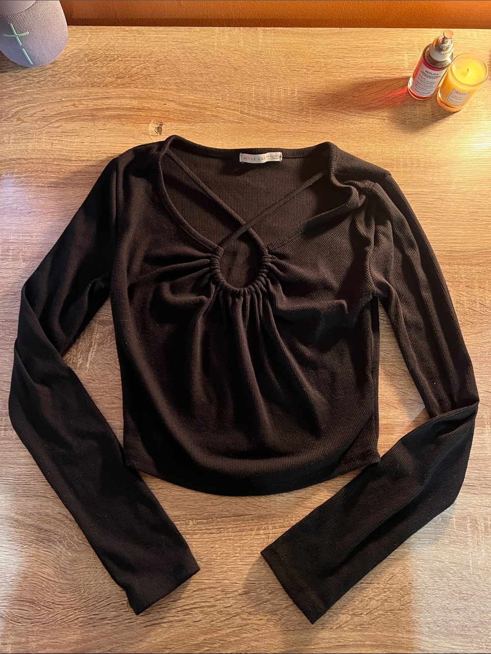 Black Long Sleeve Knot Front Top